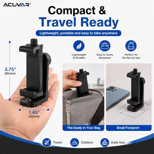 Acuvar Phone Mount for Tripod, Universal Smartphone Holder Adapter with 1/4" Screw, Adjustable Clip for iPhone & Android, Vertical & Horizontal Tripod Phone Holder - style: 1) Rotating Phone Mount