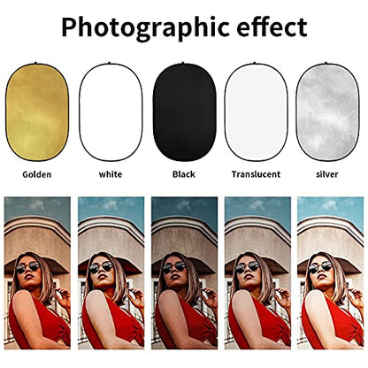 GODOX 32"x47"/80x120cm Collapsible Photography Light Reflector, 5-in-1 Oval Multi Disc Diffuser with Carrying Bag - Gold, Silver, Black, White, Translucent for Video Studio Outdoor Lighting - size: 32x47inch/80x120cm