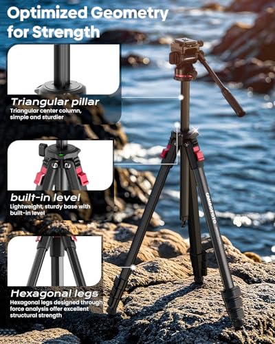 CAMBOFOTO 68" Fluid-Head-Camera-Tripod, Professional Travel Video Tripod for Camera DSLR, Camcorders, Binoculars, Spotting Scope, Telescope, Max Load 8.8lbs, Black