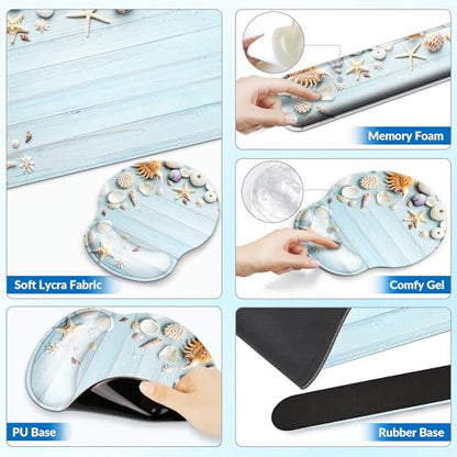 Desk Mat Set + Keyboard and Mouse Pad with Wrist Rest Support,4-in-1 Large Mousepad Computer Mats for Desktop Home & Office-Blue Shells - color: I-Blue Seashell