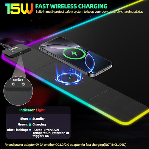 Mouse Pad with Wireless Charging, RGB Gaming Mousepad, Large Desk Mat with Ultra-Smooth Surface, Non-Slip Mouse Mat, Waterproof Computer Keyboard Pad with 18W QC Power Adapter, 800x400x4MM, Black - color: Black-rgb(with Charger & Cable)