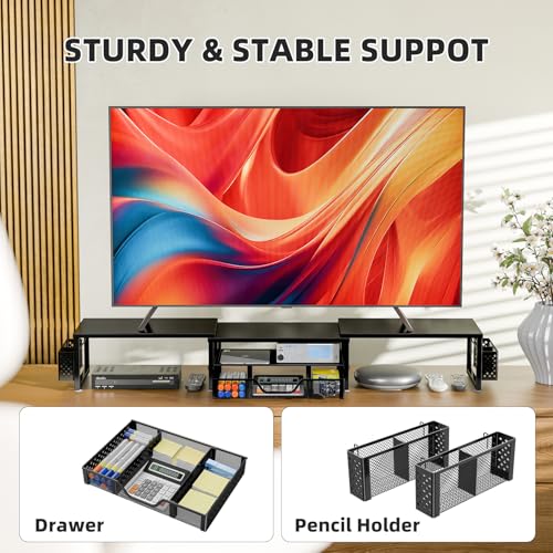 Simple Trending Dual Monitor Stand Riser with Drawer and 2 Pen Holders, Desk Organizer with Storage, Black