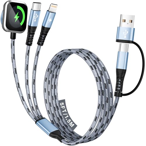Multi Charging Cable for iPhone iWatch Charger, 3 in 2 USB A/C Phone Charger Cord with Dual Type-C/IP, 5FT iWatch Cable Nylon Travel Essentials Compatible with iWatch/iPhone 17-1/Android - color: Light_Blue&Gray_1, size: 1PCS&5FT