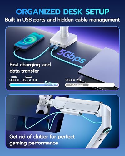 ARES WING Heavy Duty Single Monitor Arm - Fully Adjustable Monitor Mount for 17"-40" Ultrawide Screens up to 26.4 lbs with Clamp/Grommet Desk Mount and USB A/C, 75/100 Vesa Mount, White - color: White, style: With USB
