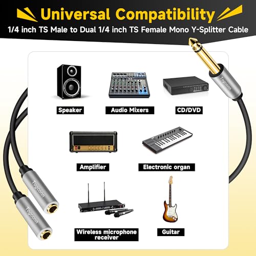 2-Pack 1/4 inch TS Mono Splitter Y Adapter, 6.35mm Mono Male to Dual 6.35 mm TS Mono Female Jack, Quarter inch Audio Speaker Splitter Converter Cable 1 Feet, Gold Plated Connectors - color: 6.35mm TS Male to Dual 6.35mm Female, size: 2 Pack