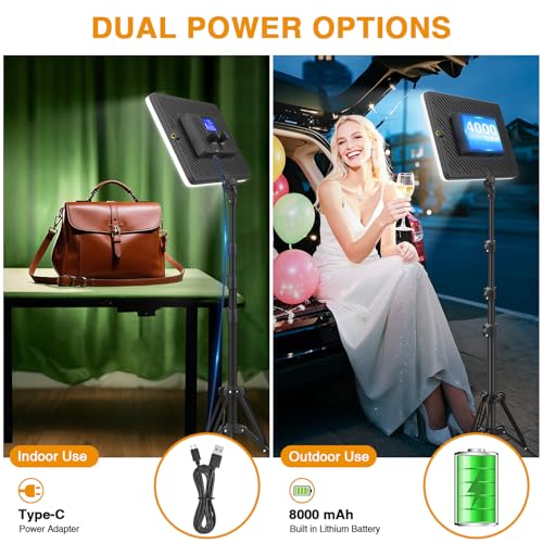 2 Pack Led Video Light Kit with Stand, Kmasic Photography Light Panel Built-in 8000mAh & LCD Display, 2200Lux 2500K-8500K Soft Studio Light for Video Recording Game Live Streaming YouTube TikTok