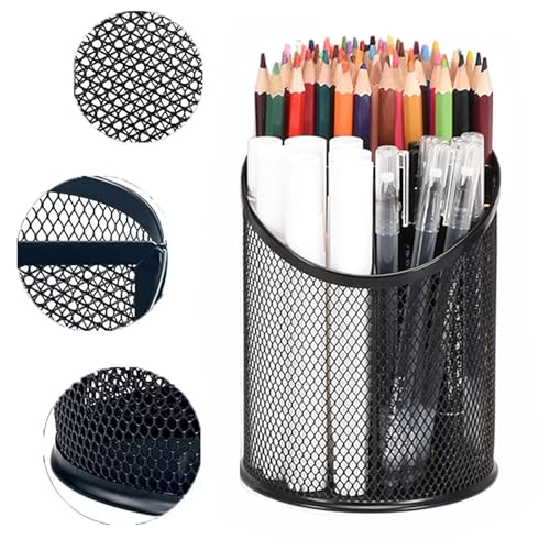 MINDEPOT 2 Pack Mesh Pencil Holder Pen Cup for Desk Round Black Pen Holder Desktop Pen Organizer 3 Compartments Pencil Organizer Desk Organizer for Office Home School