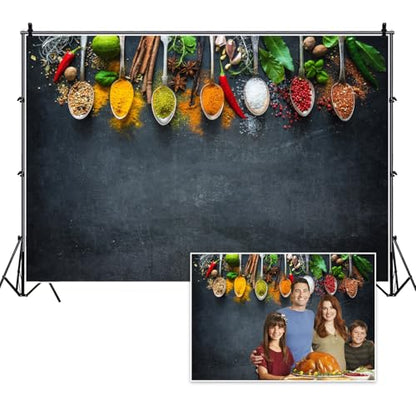 12x8ft Condiment Spice Backdrop Scoop Colorful Condiment Seasoning Food Cooking Material Black Plate Photography Background Party Conference Cuisine Video Studio Photo Props Polyester - size: 12x8ft-polyester