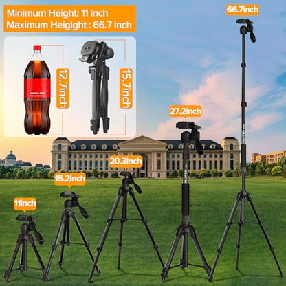 Camera Tripod 66.7 Inch, Patented 3-Way Rotating Portable Cameras Stand Professional Aluminum Travel Phone Camera Mount Monopod for Camera, Smartphone, Suitable for Various Live Vlogging - size: 67 inch