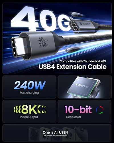 Silkland USB C Extension Cable 40Gbps, [240W Charging/8K/4K@240Hz] USB C Extender 1.6ft, Braided USB4 Extension Male to Female for Thunderbolt 4/USBC Hub/iPhone16/MacBook/iPad/Pixel/Dell XPS - size: 1.6 Feet