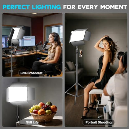 2 Pack LED Video Light Kit 79'' Tripod Light Stand, 30W 3000Lux Photography Light with Barndoor, CRI 98+ 2500K-8500K Studio Lights Panel Podcast Lighting for Video Recording/Game Live Streaming - size: 79" Tripod Stand