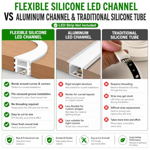 Silicone LED Channel 16.4FT, Flexible Neon Tube Light Cover for LED Strips up to 10mm Wide, Milky White LED Strip Diffuser Channel, DIY Spotless Light Cover for Cabinet Lighting, No Strip Included