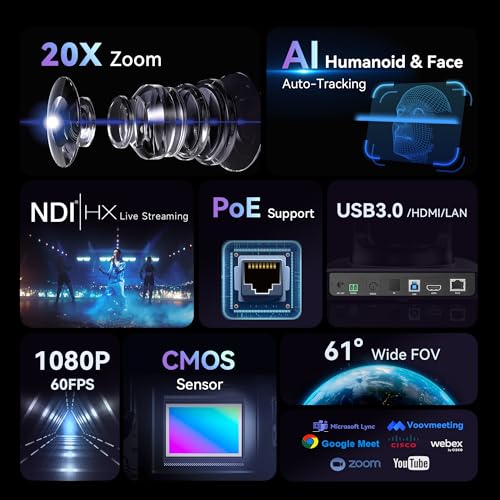 Tenveo NDI PTZ Camera AI Humanoid & Face Auto-Tracking, HDMI/LAN/USB3.0 PoE PTZ Camera 20X Optical Zoom IP Live Streaming, FHD 1080P 60FPS, for Church Services Worship Video Conference Live Streaming - color: Glossy Black