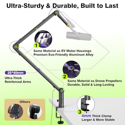 AA AUDIO ACCESSORY Design for Shure SM7B SM7dB MV7 Never-Sag Mic Boom Arm, Extra-Long 950mm Reach, 6.6lbs Load Capacity, Gear-Lock Suspension Microphone Stand Desk Mount for Blue Yeti Rode Heavy Mics - color: Black