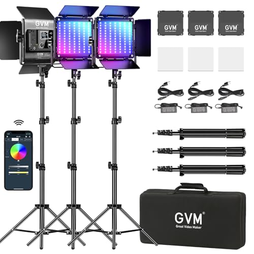 GVM RGB LED Video Lighting Kit, 800D Studio Video Lights with Panel, APP Control for YouTube Photography Lighting, , 3200K-5600K, 8 Kinds of The Scene Lights, 3 Packs