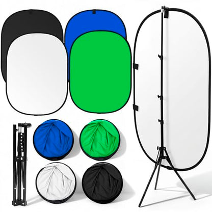 Tingjoo 2 Pack Foldable Photo Backdrop with Stand, 3.3 x 5 ft Double Sided Green Blue Black White 2 in 1 Screen, Portable Photo Backdrop and Stand Kit for Headshot, Video Recording, Live Streaming