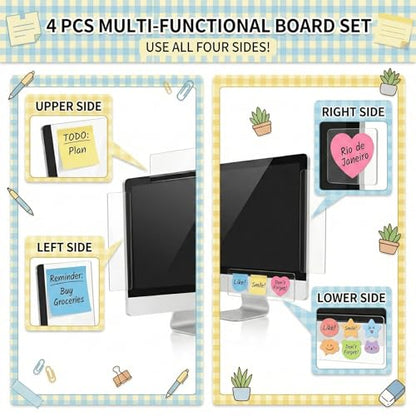 JJUNW 4 Pcs Monitor Memo Board, Computer Monitor Sticky Note Holder Acrylic Desk Accessories, Transparent Side Note Desktop Memo Board for Office Home Desktop