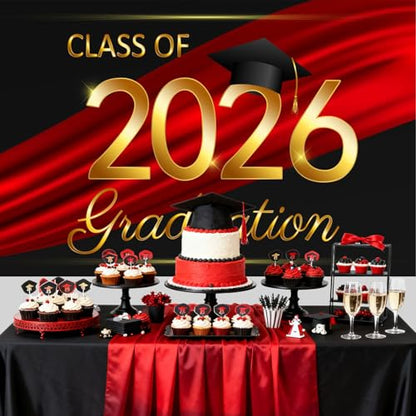 9x6ft Class of 2026 Graduation Backdrops for Photography Black Gold Red Streamer Bachelor Hat Photo Background Grad Congrats Party Banner Background Prom Party Supplies Decorations - size: 9x6ft
