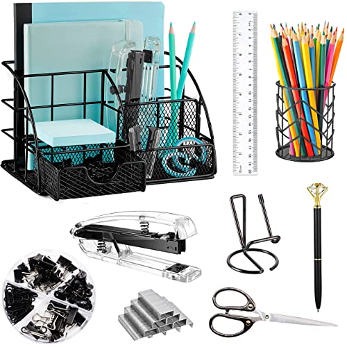 KAAKOW Black Desk Organizers and Accessories Office Supplies Set Stapler, Pen Holder, Phone Holder, Scissors, Pen, Ruler, 30 Paper Clips, 22 Binder Clip, 20 Tacks and 1000pcs Staples - color: Black