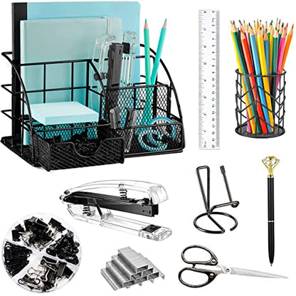 KAAKOW Black Desk Organizers and Accessories Office Supplies Set Stapler, Pen Holder, Phone Holder, Scissors, Pen, Ruler, 30 Paper Clips, 22 Binder Clip, 20 Tacks and 1000pcs Staples - color: Black