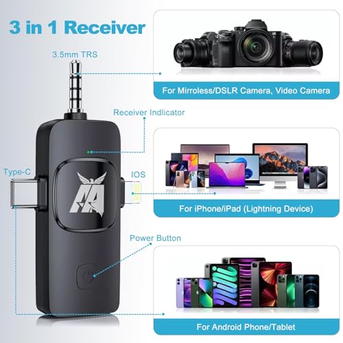 Aarkani Wireless Lavalier Microphone 3-in-1 for iPhone, Android, DSLR Camera – Dual Mic Set with Receiver (Lightning, USB-C, 3.5mm), Plug & Play for Video Recording, YouTube, Vlog, Interview