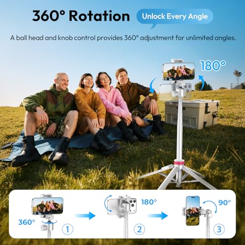 ULANZI MT-44B Phone Tripod, 59'' Auto Open Phone Stand with Dual Camera Set up, 360° Ball Head, Extendable Selfie Stick w Cold Shoe for Filming/Selfie in Vlog, Family Gatherings, White - color: White