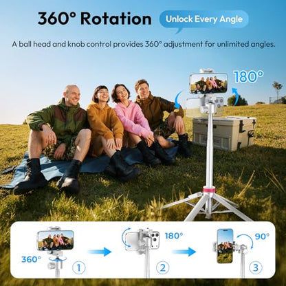 ULANZI MT-44B Phone Tripod, 59'' Auto Open Phone Stand with Dual Camera Set up, 360° Ball Head, Extendable Selfie Stick w Cold Shoe for Filming/Selfie in Vlog, Family Gatherings, White - color: White