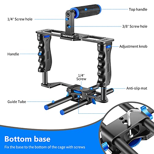 NEEWER Camera Video Cage Film Movie Making Kit, Aluminum Alloy with Top Handle, Dual Hand Grip, Two 15mm Rods, Compatible with Canon Sony Fujifilm Nikon DSLR Camera and Camcorder (Black + Blue) - style: CG-MF Blue