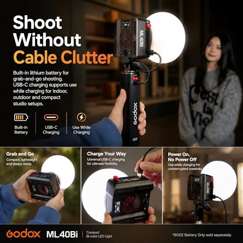 Godox ML40Bi Bi-Color LED Video Light, Portable COB Photography Light with Built-in Battery, 2800K-6500K, 28,000 Lux with ML-L10 Reflector, CRI/TLCI 96, 11 FX Effects, USB-C Charging, App/NFC Control