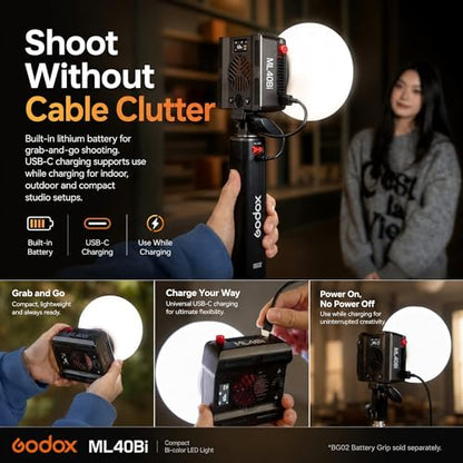Godox ML40Bi Bi-Color LED Video Light, Portable COB Photography Light with Built-in Battery, 2800K-6500K, 28,000 Lux with ML-L10 Reflector, CRI/TLCI 96, 11 FX Effects, USB-C Charging, App/NFC Control