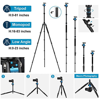 JOILCAN Tripod for Camera, 81" Aluminum Camera Tripod, 83" DSLR Tripods & Monopods, Heavy Duty Travel Tripod for Binoculars Spotting Scope Telescope, Max Load 35lb - color: Blue