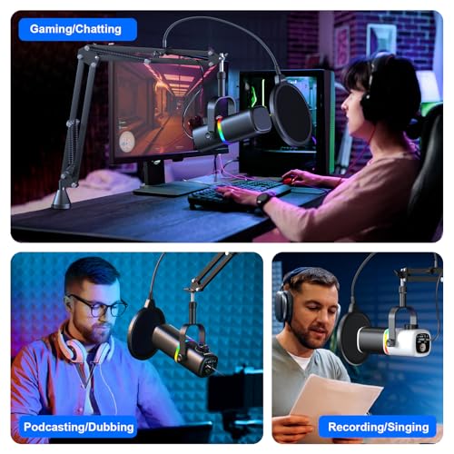 Aokeo AK-10 USB Gaming Microphone Wtih AK-35 Arm, Condenser Microphone for PC/MAC/PS4/PS5/Phone-Cardioid Mic with RGB Lighting - color: Metallic