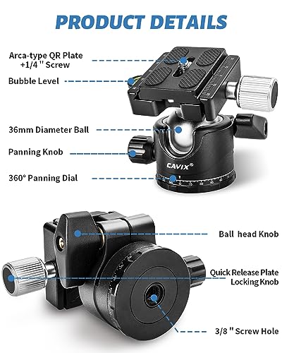 CAVIX Ball Head 360 Degree Rotating Panoramic Tripod Heads with Quick Release Plate Load Capacity 33lb/15kg - color: HB36A