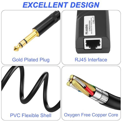 XMSJSIY 6.35mm TRS Extender 1/4" TRS Stereo Male to Ethernet RJ45 Female Adapter Audio Balun Network Extension 300m Over Cat5e & Cat6 Cable Isolate Noise Resist Interference for Microphone Amplifier