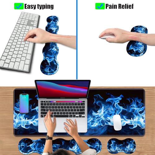 4 in 1 Ergonomic Keyboard Wrist Rest & Mouse Pad Wrist Rest Set, Large XXL Gaming Desk Mat 31.5"x 11.8" with Non-Slip Base, Memory Foam for Home Office Study Gaming, Blue Flame - color: Blue Flame