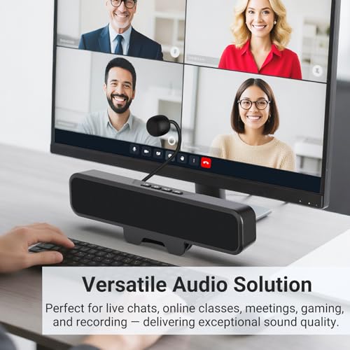 Computer Speakers with Microphone for Desktop PC, USB Monitor Speakers with Clip, Wired Laptop Sound Bar, Stereo & Bass, PC Speaker w/Mic for Meeting/Gaming/Online Learning, Easily Clamps to Monitor