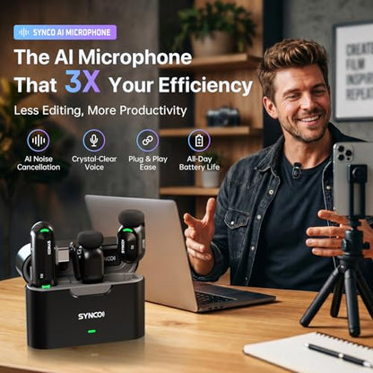 SYNCO AI Mini Wireless Lavalier Microphone for Android USB-C Creators | AI Translation & Instant Summaries, AI Noise Reduction and Mind Maps, Save Time for Vlogs, Interviews, Meetings, Travel