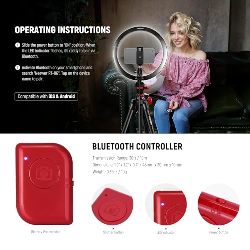 NEEWER Basics 10" Selfie Ring Light with Tripod Stand/2 Phone Holders Compatible with iPhone/QR Plate, Dimmable LED Ringlight Lighting for YouTube TikTok Vlog Video Recording Makeup Streaming, RP10-H