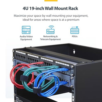 StarTech.com 4U Wall Mount Network Rack - 14 Inch Deep (Low Profile) - 19" Patch Panel Bracket for Shallow Server and IT Equipment, Network Switches - 44lbs/20kg Weight Capacity, Black (WALLMOUNT4) | Low-profile shallow rack, M6 screws and cage nuts, Fits