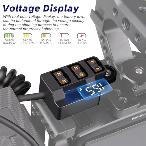 D-Tap 1×3 Power Splitter Adapter with Voltage Display & 1/4 Mounting Screws for V-Mount/Gold Mount Battery,Camera Cage,Video Transmission, Monitor, BMPCC 4K/6K, etc. (Coiled Cable Version)