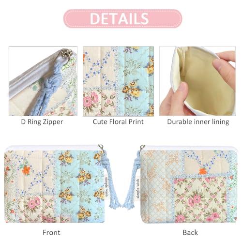 Cotton Quilted Floral Coin Purse Digital Camera Pouch with Cute Prints Zipper for Women Girls (BLUE DISTY PATCH) - color: BLUE DISTY PATCH