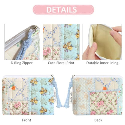 Cotton Quilted Floral Coin Purse Digital Camera Pouch with Cute Prints Zipper for Women Girls (BLUE DISTY PATCH) - color: BLUE DISTY PATCH