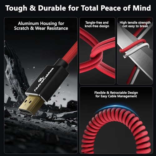 Alvin's Cables 8K 2.1 HDMI High Speed Braided Coiled Cable Left Angle to Right Angle for Atomos Ninja V, Portkeys BM5, for Feelworld Monitor, for Canon C300, Z CAM E2, Sony FS5| FS7| A7S3 Cameras Red