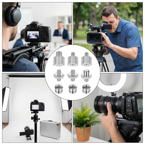 Skrfren Tripod Adapter Set, 1/4 to 3/8 & 3/8 to 1/4 Camera Screw Adapter, Aluminum Alloy Thread Converter Male Female, Mounting Screws Kit for Tripod Monopod Light Stand Microphone (Silver)