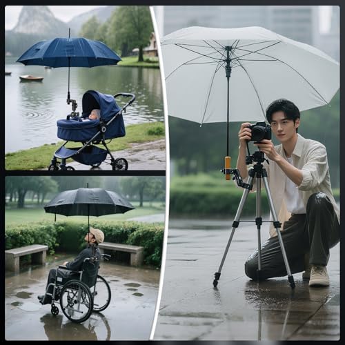 BRDRC Double Clamp Mount Umbrella Holder Camera Pole Bracket for Stroller Wheelchair Monitor Magic Socket Arm Desk Photo Studio Light Stand Photography Reflector Flag Cross Bar Accessories