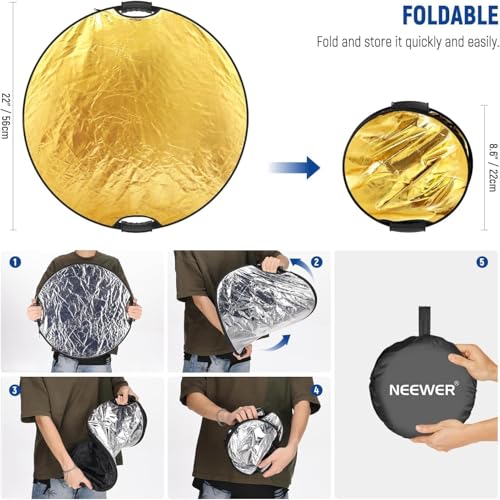 NEEWER 22"/56cm 5 in 1 Light Reflector with Clamp & Hand Grips, Polyester Multi Disc Photography Diffuser Translucent/Silver/Gold/White/Black with 3/8" Thread for Studio Outdoor Lighting, RF-56II - style: 56cm w/Clamp