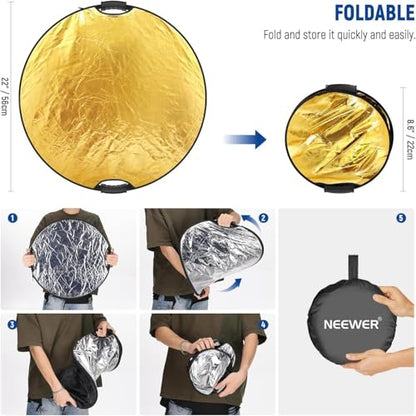 NEEWER 22"/56cm 5 in 1 Light Reflector with Clamp & Hand Grips, Polyester Multi Disc Photography Diffuser Translucent/Silver/Gold/White/Black with 3/8" Thread for Studio Outdoor Lighting, RF-56II - style: 56cm w/Clamp