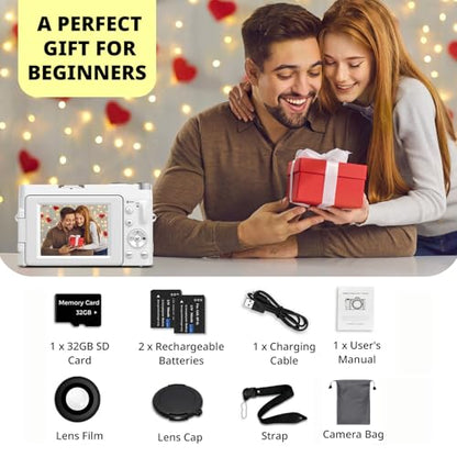 4K Digital Camera for Photography Autofocus, FHD 48MP Vlogging Camera for YouTube with SD Card, 2 Batteries, 16X Zoom,3" 180°Flip Screen Compact Travel Camera for Teens Beginners - color: Off White