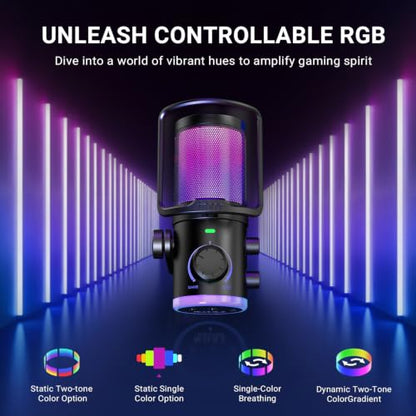 FIFINE USB Streaming Microphone Kit for Gaming, Condenser Mic with RGB, Noise Cancellation, Game/Chat Dial-Plug & Play for PC Twitch/YouTube/Podcast, Includes Boom Arm & Pop Filter-AmpliGame AM6T