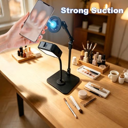 Overhead Phone Stand with Rechargeable Light, Adjustable Desk Smartphone Mount for Nail Art, Magnetic Holder for Cooking Videos, Content Creation, Filming, Live Streaming